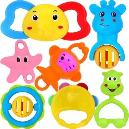 Colourful Plastic Non Toxic Set of 7 Attractive Rattles and Teathers for New Borns, Baby,Kid